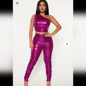 Fashion Nova Metallic Purple One-Shoulder Jumpsuit